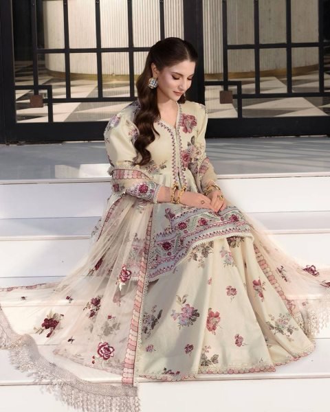 Mesmerizing Cream Stylish Puff Sleeve Peplum Suit with Net Dupatta Ready To Wear Collection