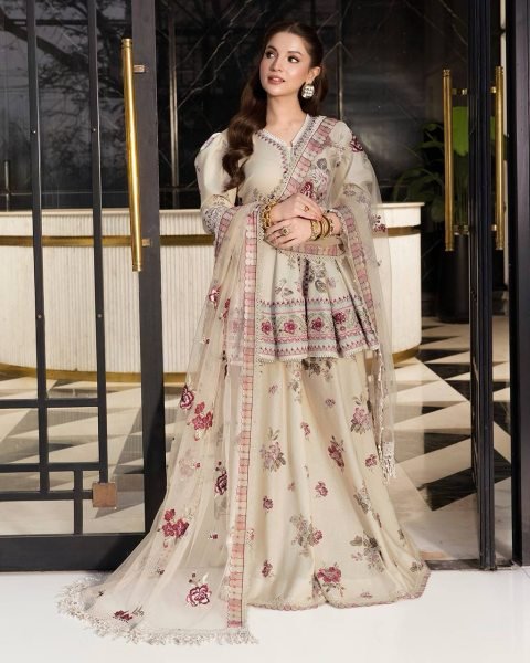 Mesmerizing Cream Stylish Puff Sleeve Peplum Suit with Net Dupatta Ready To Wear Collection