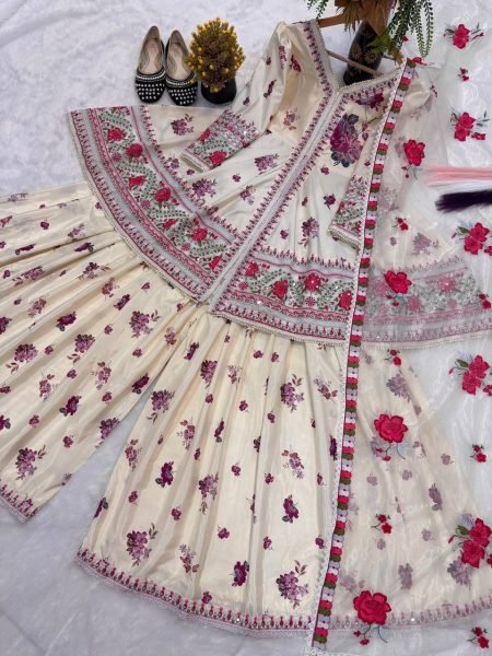 Mesmerizing Cream Stylish Puff Sleeve Peplum Suit with Net Dupatta Ready To Wear Collection