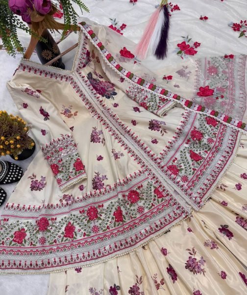 Mesmerizing Cream Stylish Puff Sleeve Peplum Suit with Net Dupatta Ready To Wear Collection