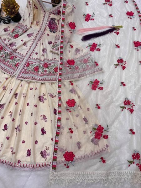 Mesmerizing Cream Stylish Puff Sleeve Peplum Suit with Net Dupatta Ready To Wear Collection