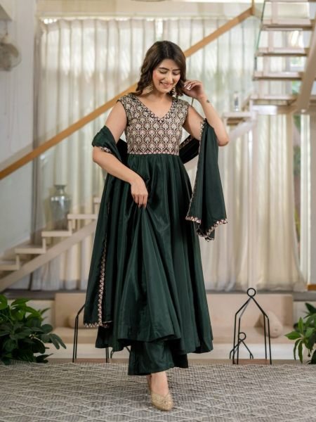 Mesmerizing Green Heavy Neutral Crepe Anarkali Suit with Embroidered Dupatta Ready To Wear Suit