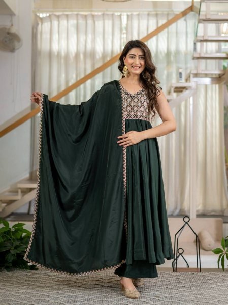 Mesmerizing Green Heavy Neutral Crepe Anarkali Suit with Embroidered Dupatta Ready To Wear Collection