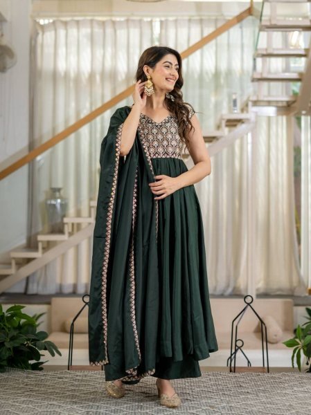 Mesmerizing Green Heavy Neutral Crepe Anarkali Suit with Embroidered Dupatta Ready To Wear Collection