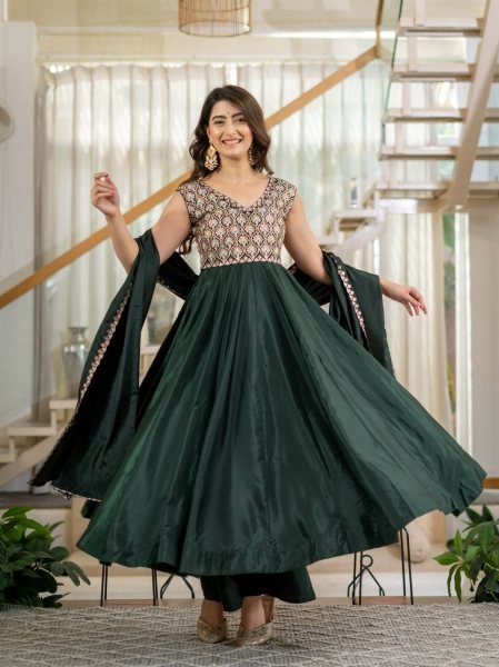 Mesmerizing Green Heavy Neutral Crepe Anarkali Suit with Embroidered Dupatta Ready To Wear Collection