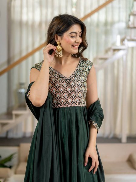 Mesmerizing Green Heavy Neutral Crepe Anarkali Suit with Embroidered Dupatta Ready To Wear Collection