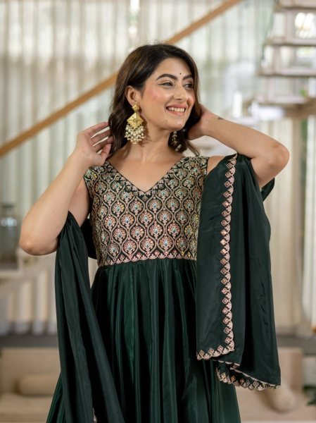 Mesmerizing Green Heavy Neutral Crepe Anarkali Suit with Embroidered Dupatta Ready To Wear Collection