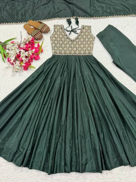 Mesmerizing Green Heavy Neutral Crepe Anarkali Suit with Embroidered Dupatta Ready To Wear Collection