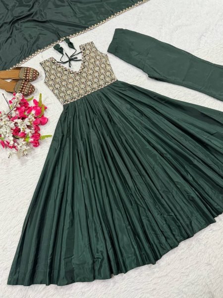 Mesmerizing Green Heavy Neutral Crepe Anarkali Suit with Embroidered Dupatta Ready To Wear Collection