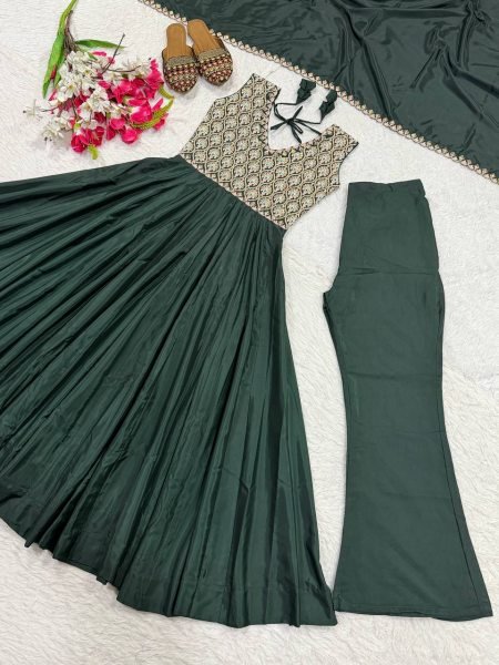 Mesmerizing Green Heavy Neutral Crepe Anarkali Suit with Embroidered Dupatta Ready To Wear Collection