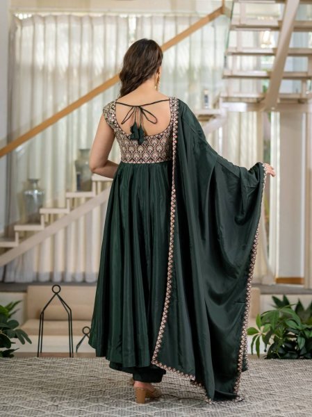 Mesmerizing Green Heavy Neutral Crepe Anarkali Suit with Embroidered Dupatta Ready To Wear Collection