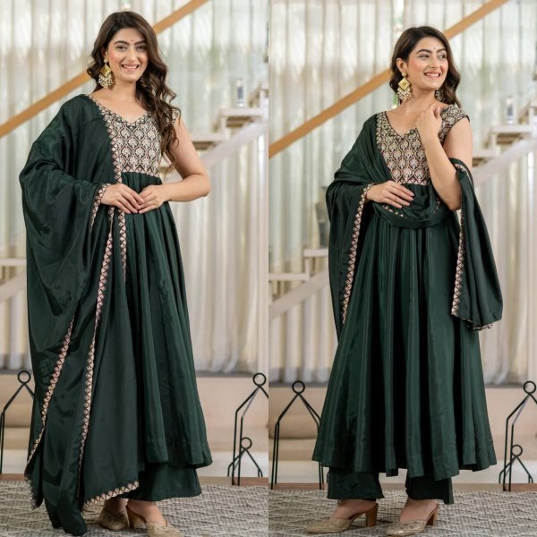 Mesmerizing Green Heavy Neutral Crepe Anarkali Suit with Embroidered Dupatta Ready To Wear Collection