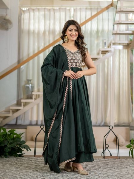 Mesmerizing Green Heavy Neutral Crepe Anarkali Suit with Embroidered Dupatta Ready To Wear Collection