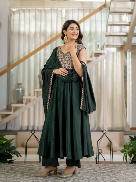 Mesmerizing Green Heavy Neutral Crepe Anarkali Suit with Embroidered Dupatta Ready To Wear Collection