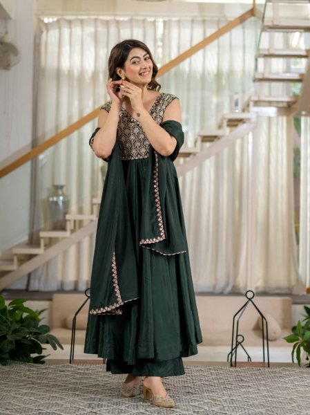 Mesmerizing Green Heavy Neutral Crepe Anarkali Suit with Embroidered Dupatta Ready To Wear Collection