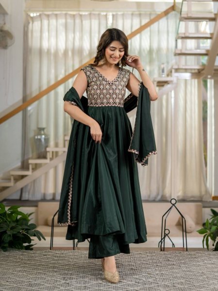 Mesmerizing Green Heavy Neutral Crepe Anarkali Suit with Embroidered Dupatta Ready To Wear Collection