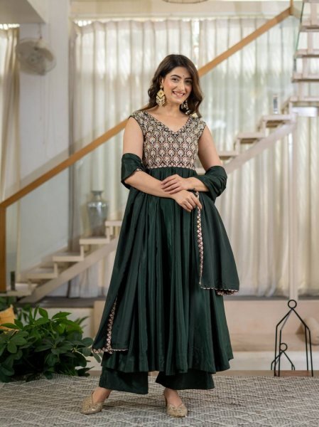 Mesmerizing Green Heavy Neutral Crepe Anarkali Suit with Embroidered Dupatta Ready To Wear Collection