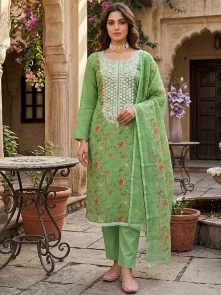 Mesmerizing Green Party Wear Mal Cotton Digital Print Suit with Kodding Work 