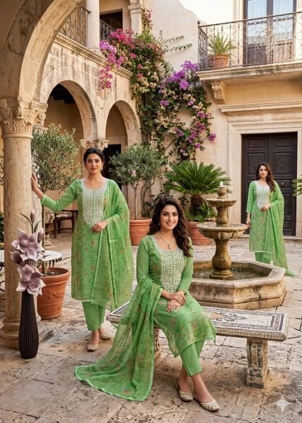 Mesmerizing Green Party Wear Mal Cotton Digital Print Suit with Kodding Work Color Set Matching Dress Material Wholesale