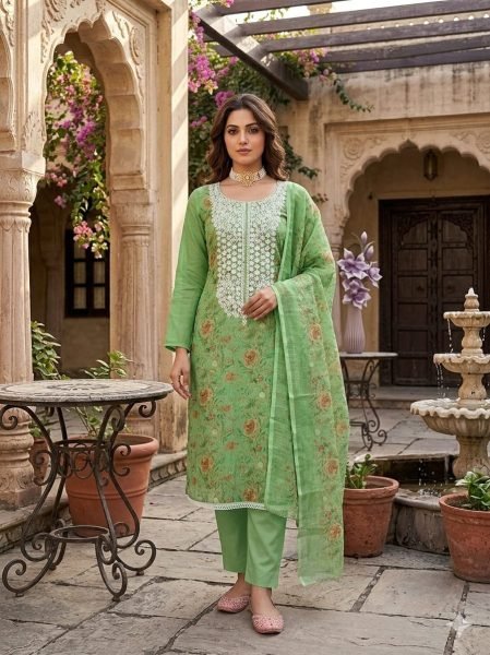 Mesmerizing Green Party Wear Mal Cotton Digital Print Suit with Kodding Work Color Set Matching Dress Material Wholesale