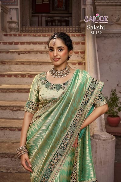 Mesmerizing Green Sakshi Kanchipuram Saree with Designer Handwork Blouse From Sajode Designer Wedding Sarees Wholesale