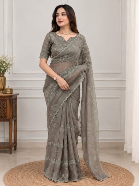 Mesmerizing Grey Designer Status Silk Saree with Tone on Tone Thread Embroidery Sarees 