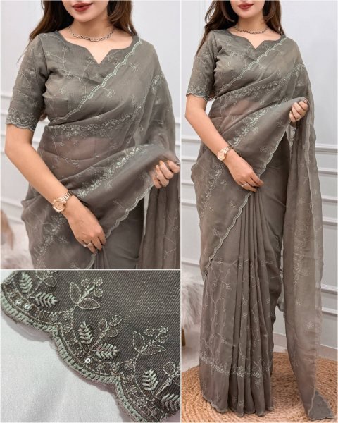 Mesmerizing Grey Designer Status Silk Saree with Tone on Tone Thread Embroidery Silk Sarees Wholesale