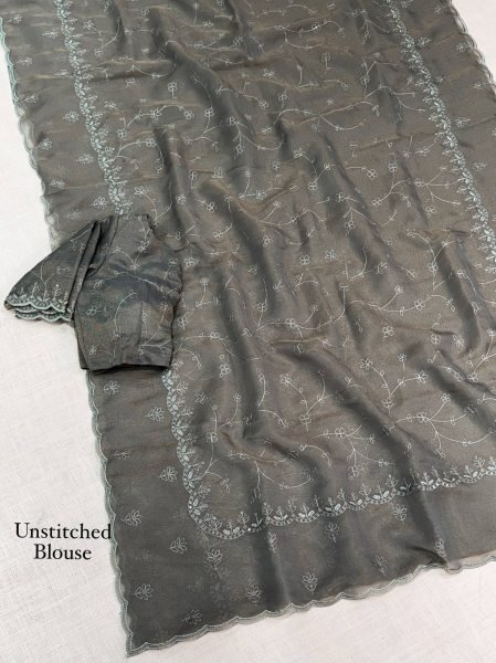 Mesmerizing Grey Designer Status Silk Saree with Tone on Tone Thread Embroidery Silk Sarees Wholesale