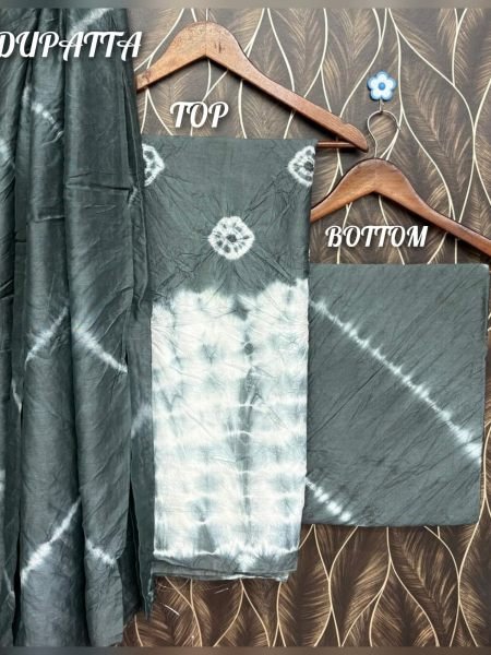 Mesmerizing Grey Pure Chanderi Cotton Hand Bandhej Top Bottom Dupatta Set Dress Material 