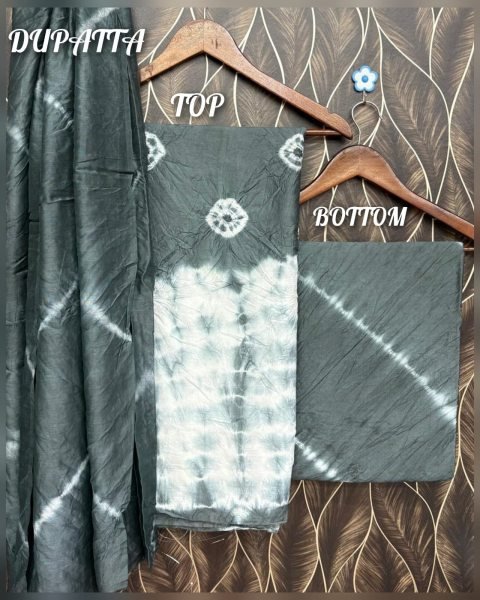 Mesmerizing Grey Pure Chanderi Cotton Hand Bandhej Top Bottom Dupatta Set Color Set Matching Dress Material Wholesale