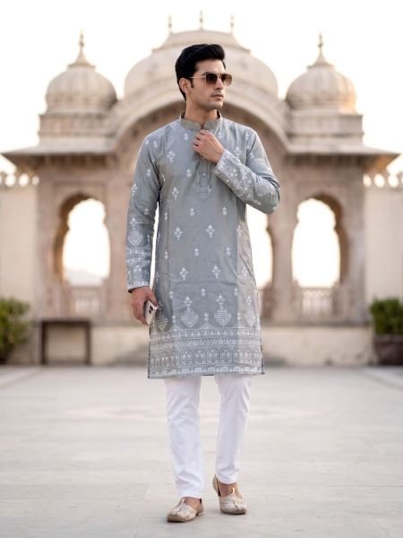 Mesmerizing Grey Wedding Wear Malai Silk Kurta for Men at Wholesale Rate 