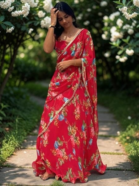 Mesmerizing Hot Pink Digital Print Georgette Lehenga Saree with Attached Dupatta  