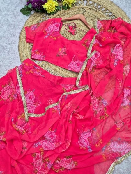 Mesmerizing Hot Pink Digital Print Georgette Lehenga Saree with Attached Dupatta  Ready To Wear Saree 