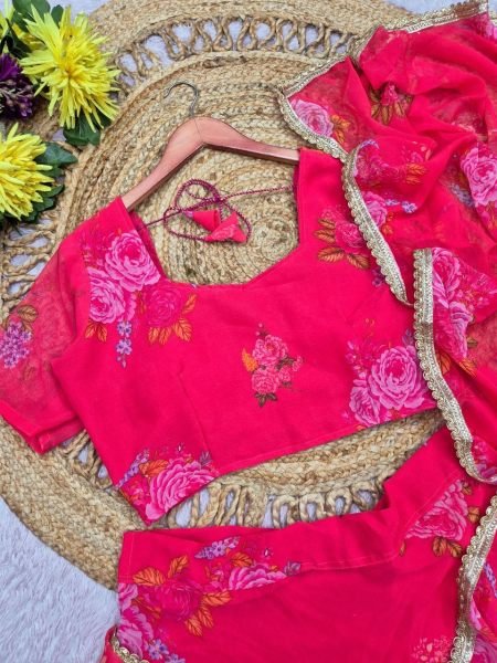 Mesmerizing Hot Pink Digital Print Georgette Lehenga Saree with Attached Dupatta  Ready To Wear Saree 