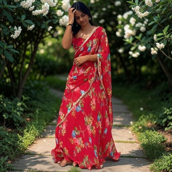 Mesmerizing Hot Pink Digital Print Georgette Lehenga Saree with Attached Dupatta  Ready To Wear Saree 