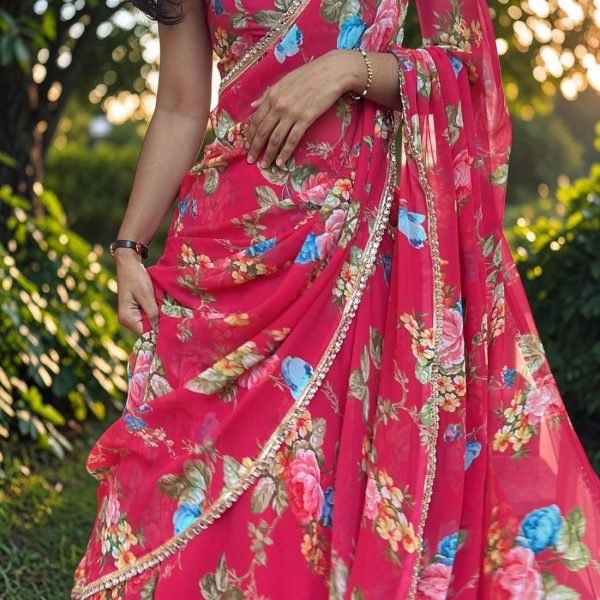 Mesmerizing Hot Pink Digital Print Georgette Lehenga Saree with Attached Dupatta  Ready To Wear Saree 