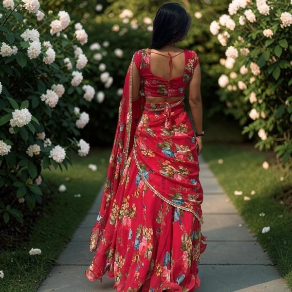 Mesmerizing Hot Pink Digital Print Georgette Lehenga Saree with Attached Dupatta  Ready To Wear Saree 