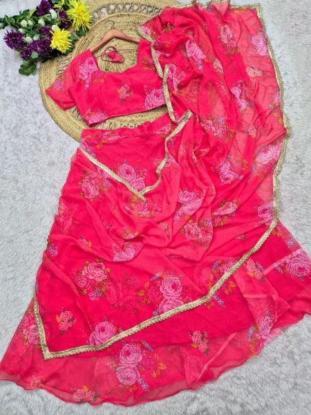 Mesmerizing Hot Pink Digital Print Georgette Lehenga Saree with Attached Dupatta  Ready To Wear Saree 