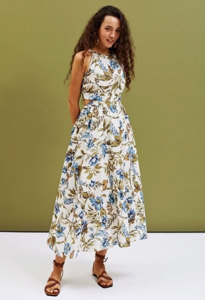 Mesmerizing Ivory Blue Elegant Linen Cotton Maxi Dress for Vacation Wear Collection Western Ladies Top Wholesale