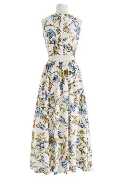 Mesmerizing Ivory Blue Elegant Linen Cotton Maxi Dress for Vacation Wear Collection Western Ladies Top Wholesale