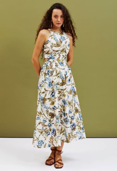 Mesmerizing Ivory Blue Elegant Linen Cotton Maxi Dress for Vacation Wear Collection Western Ladies Top Wholesale