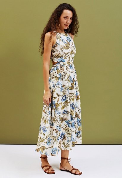 Mesmerizing Ivory Blue Elegant Linen Cotton Maxi Dress for Vacation Wear Collection Western Ladies Top Wholesale