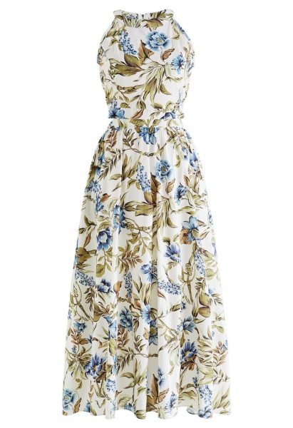 Mesmerizing Ivory Blue Elegant Linen Cotton Maxi Dress for Vacation Wear Collection Western Ladies Top Wholesale