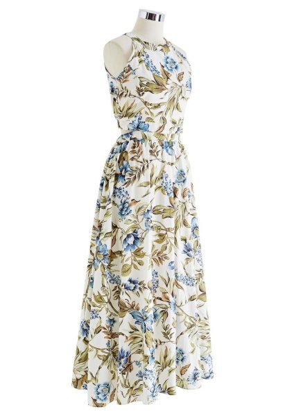 Mesmerizing Ivory Blue Elegant Linen Cotton Maxi Dress for Vacation Wear Collection Western Ladies Top Wholesale