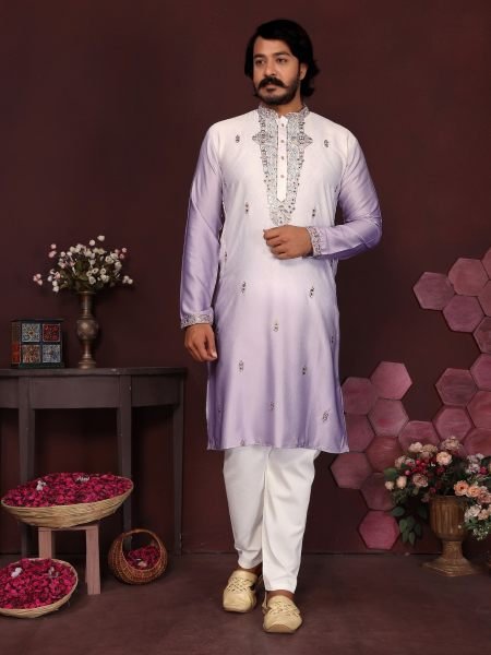 Mesmerizing Lavender Cotton Silk Kurta Pyjama Set with Sequin Embroidery at Wholesale Rate Mens Wear