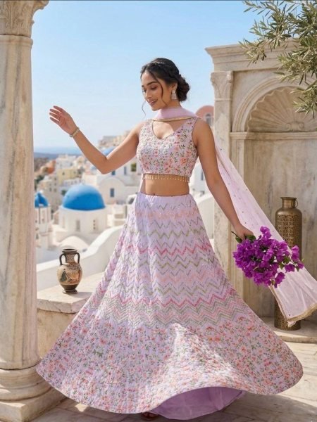 Mesmerizing Lavender Satin Silk Lehenga with Sequins Thread Work and Net Dupatta  Lehenga