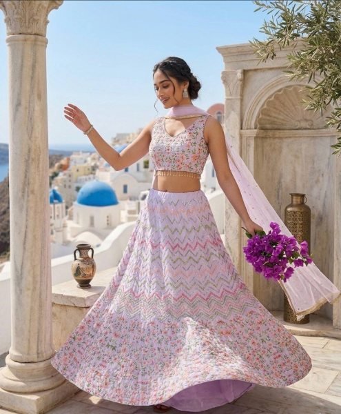 Mesmerizing Lavender Satin Silk Lehenga with Sequins Thread Work and Net Dupatta Bridal Lehenga Choli