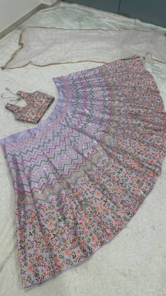 Mesmerizing Lavender Satin Silk Lehenga with Sequins Thread Work and Net Dupatta Bridal Lehenga Choli