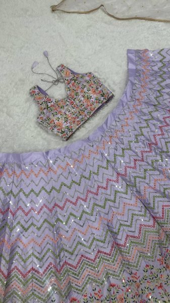 Mesmerizing Lavender Satin Silk Lehenga with Sequins Thread Work and Net Dupatta Bridal Lehenga Choli