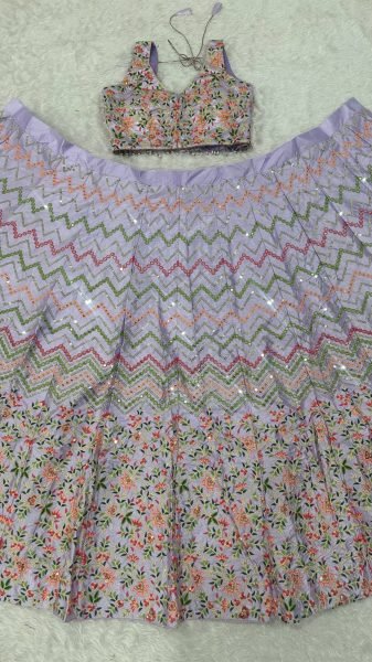 Mesmerizing Lavender Satin Silk Lehenga with Sequins Thread Work and Net Dupatta Bridal Lehenga Choli